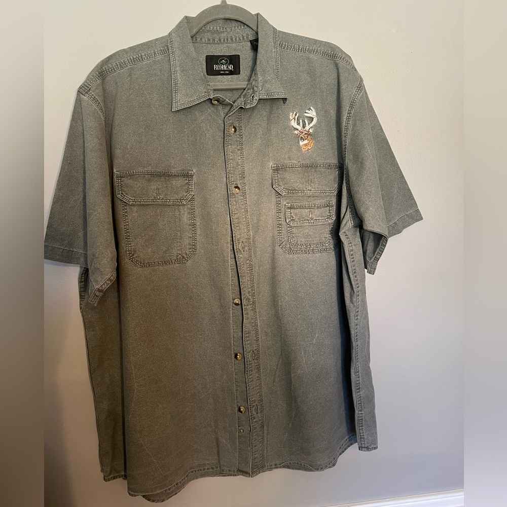 Red head gray denim button down short sleeve shirt